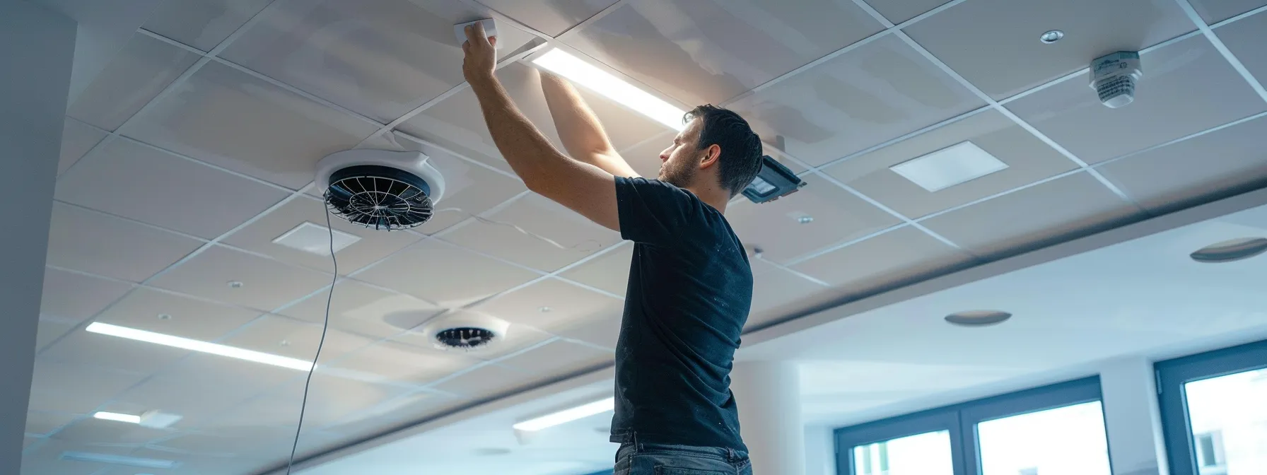 a person installing commercial ceiling speakers in a room.